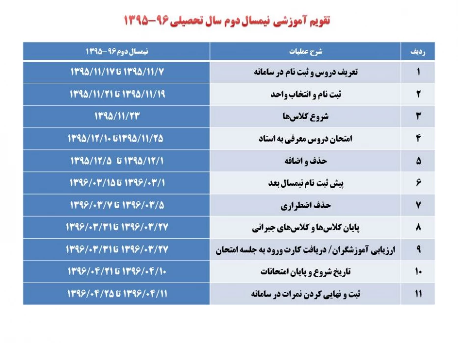 تقویم آموزشی نیمسال دوم سال تحصیلی 96-1395