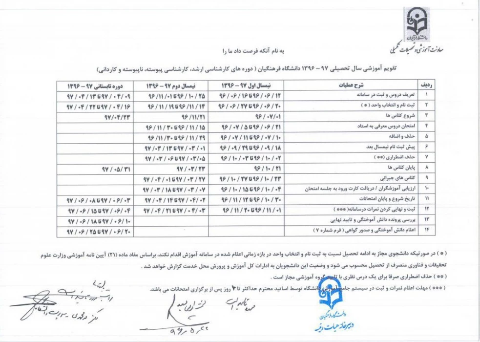 تقویم آموزشی سال تحصیلی 97-96 دانشگاه فرهنگیان پردیس شهید باهنر
