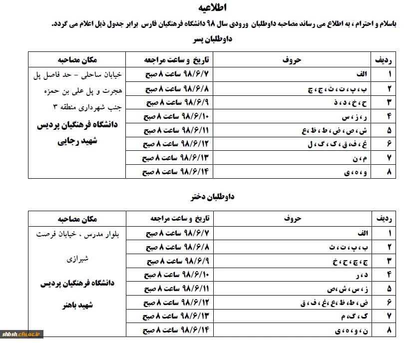 جدول مصاحبه