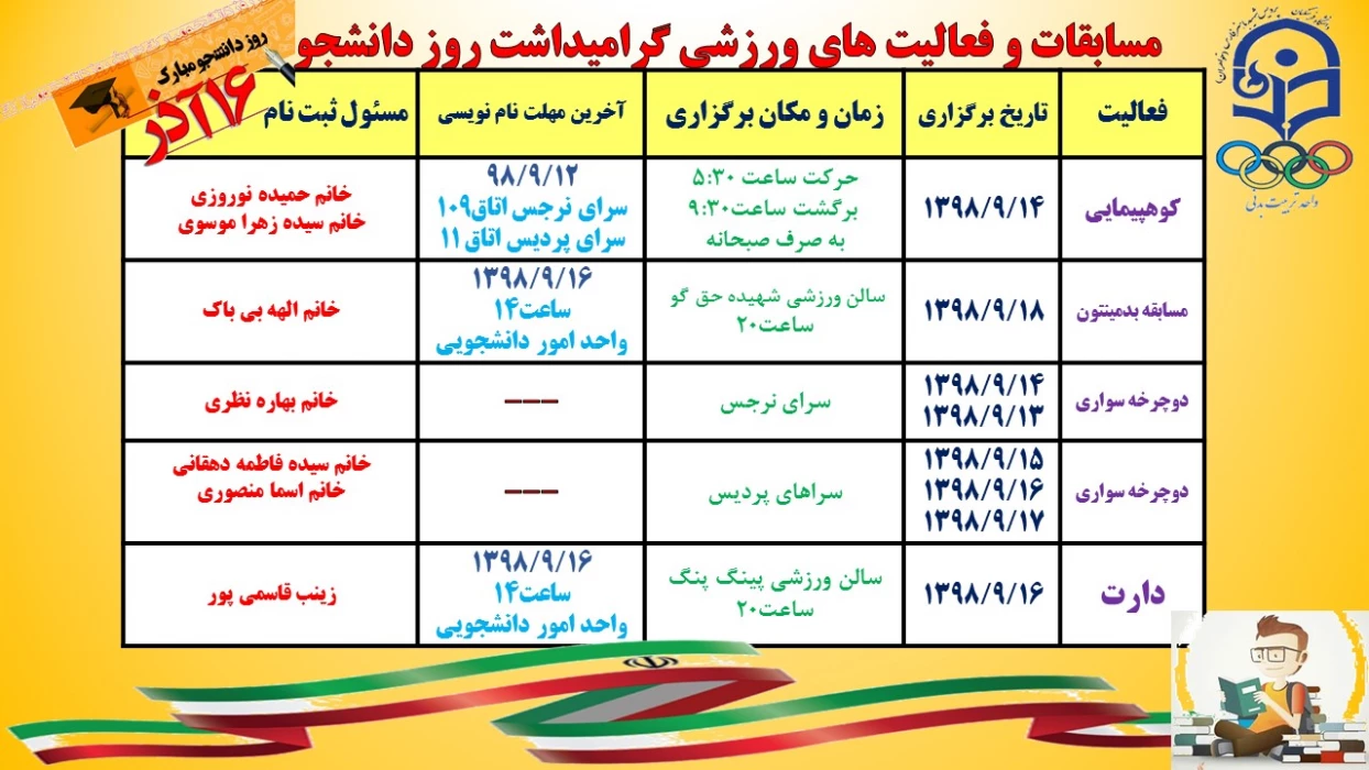 مسابقات و فعالیت های ورزشی گرامیداشت روز دانشجو