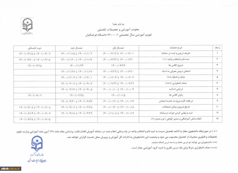 برنامه زمانی انتخاب واحد نیمسال دوم 1401-1400 3