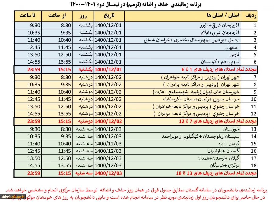 زمانبندی حذف و اضافه